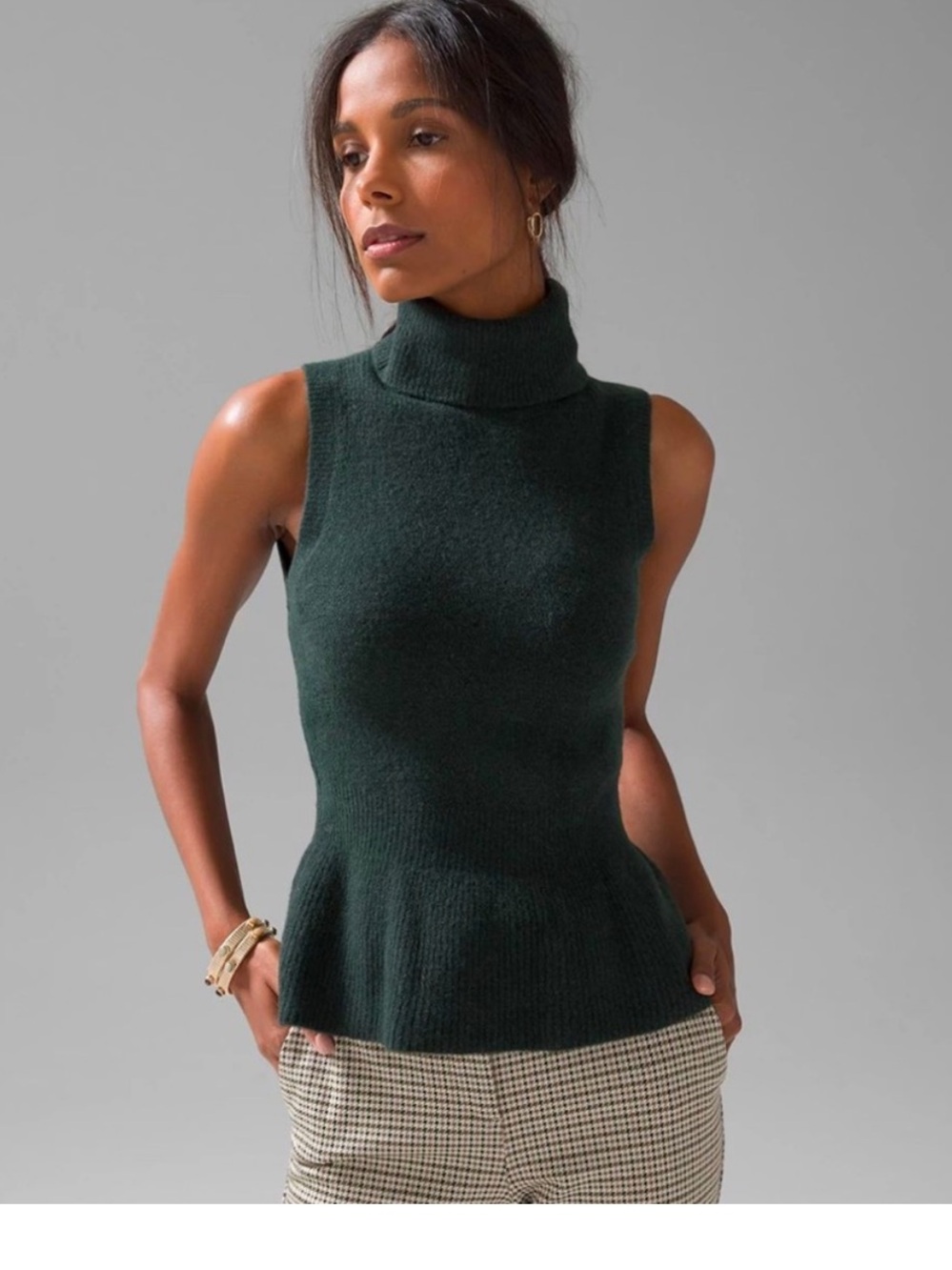 White House Black Market Soft Turtleneck Peplum In Green Spruce New small
